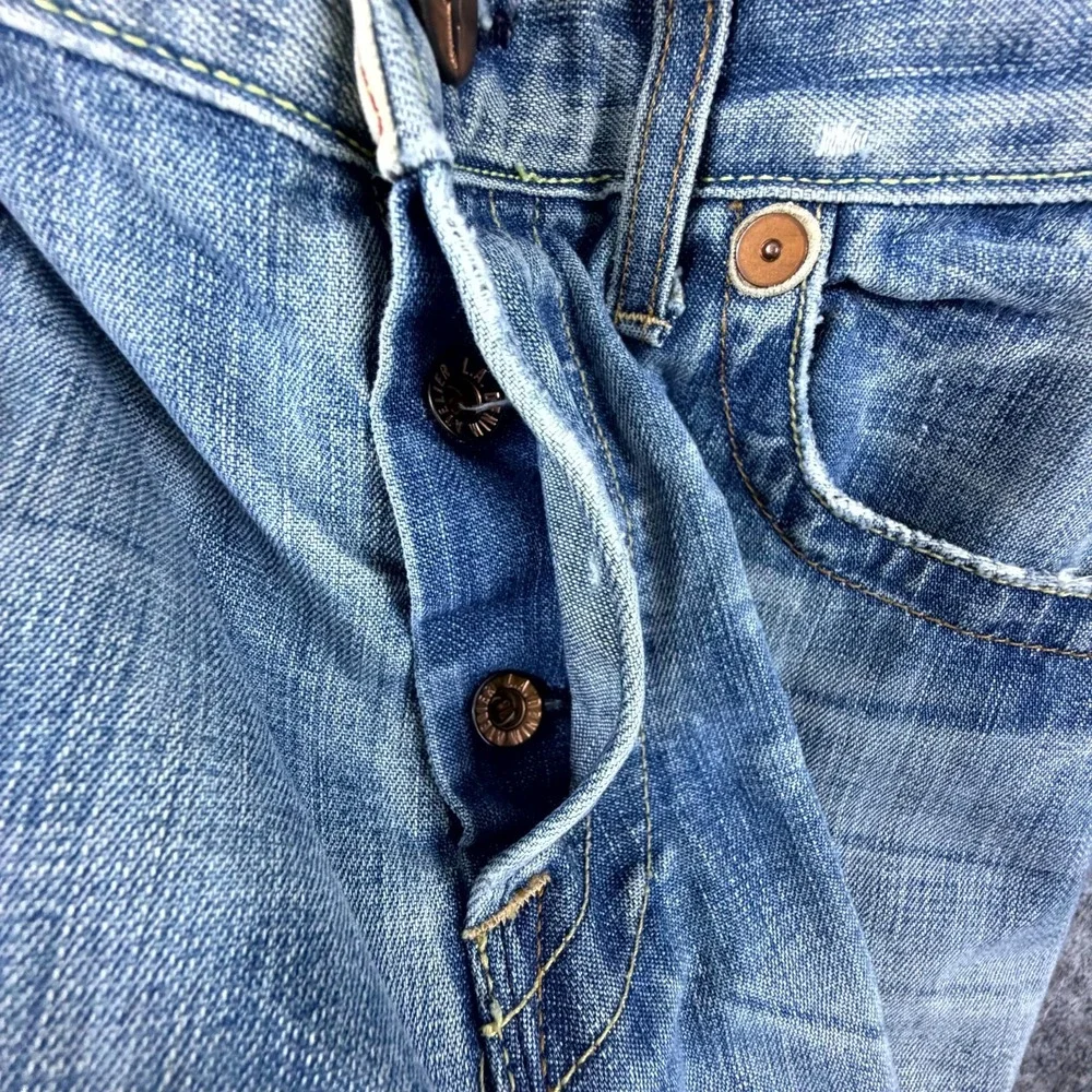 LA Denim Atelier Jeans Mens 34 Blue Denim Distressed Whiskers Low Rise Straight
